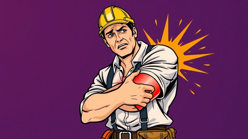 Tradesman holding his forearm and elbow in pain on a construction site at dusk