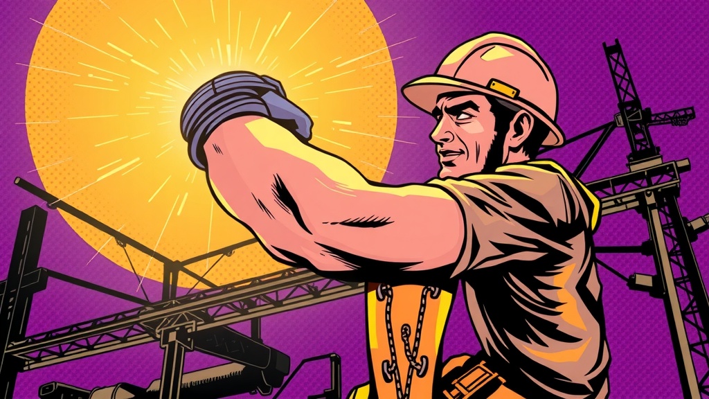 Construction worker stretching his arm and elbow at a job site at golden hour