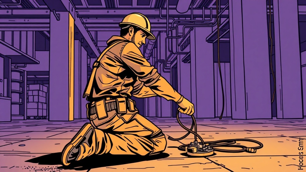 Tradesperson kneeling on concrete during wire management work, wearing knee pads over work pants