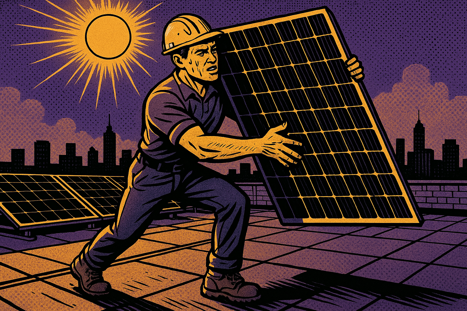 Solar installer carrying a panel on a commercial rooftop in the heat