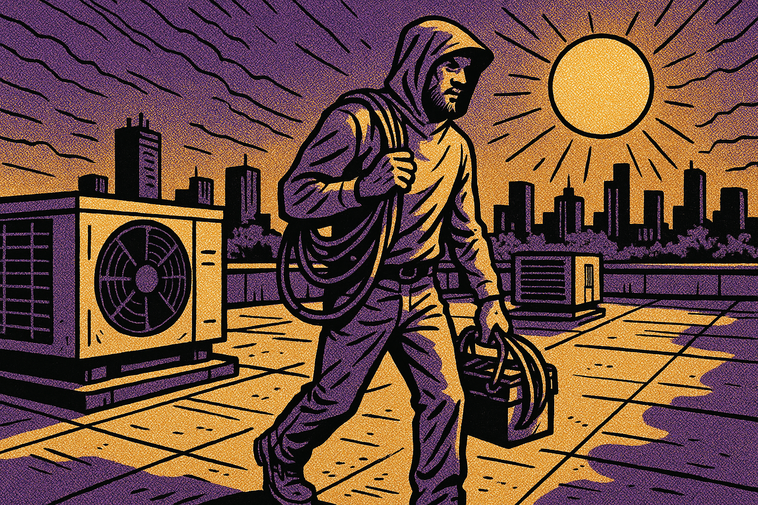 Comic book illustration of a tradesman working on a commercial roof in intense heat, focused and steady