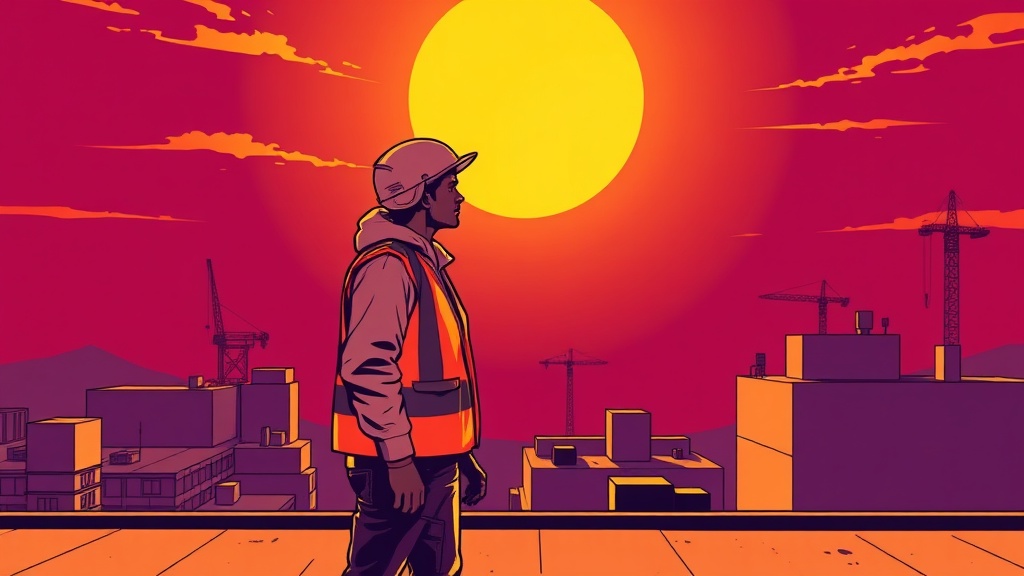 Construction worker on a flat roof in full sun wearing a sun hoodie and high-vis vest