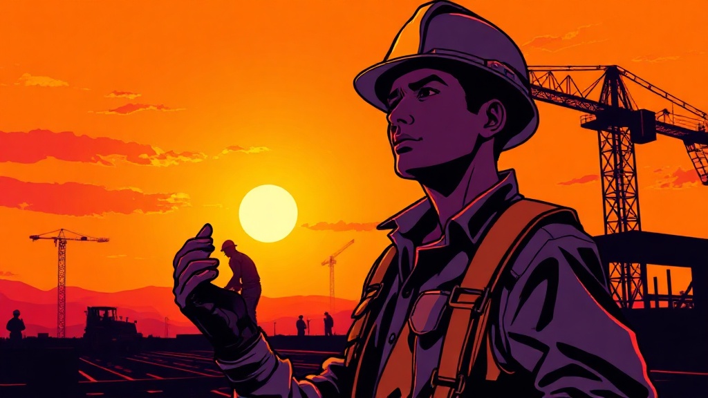 Construction worker on job site at sunrise